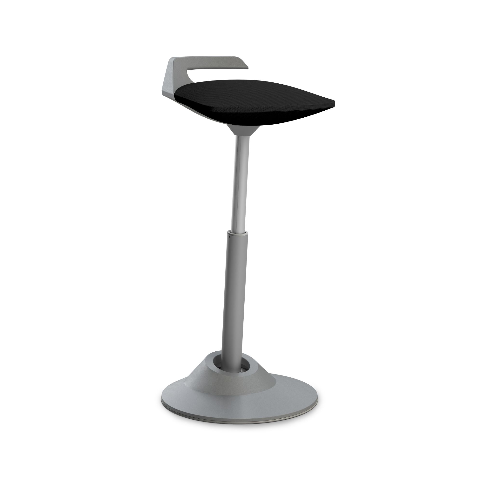 Stehhilfe Bürostuhl mit schwarzem Sitz und grauem Gestell, höhenverstellbar für ergonomisches Arbeiten.