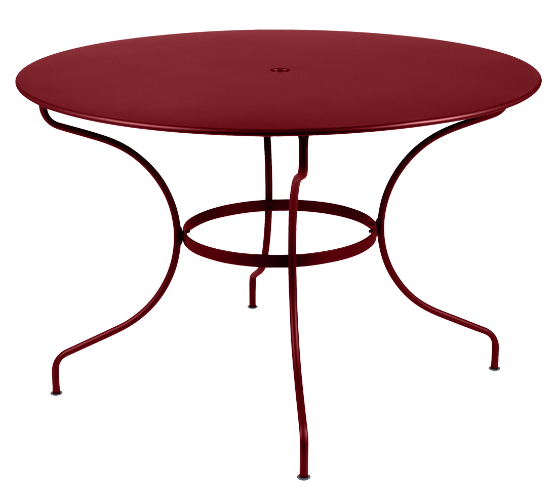 Runder, bordeauxroter Opéra+ Gartentisch von Fermob, ideal für den Außenbereich, mit filigranem Stahlgestell.