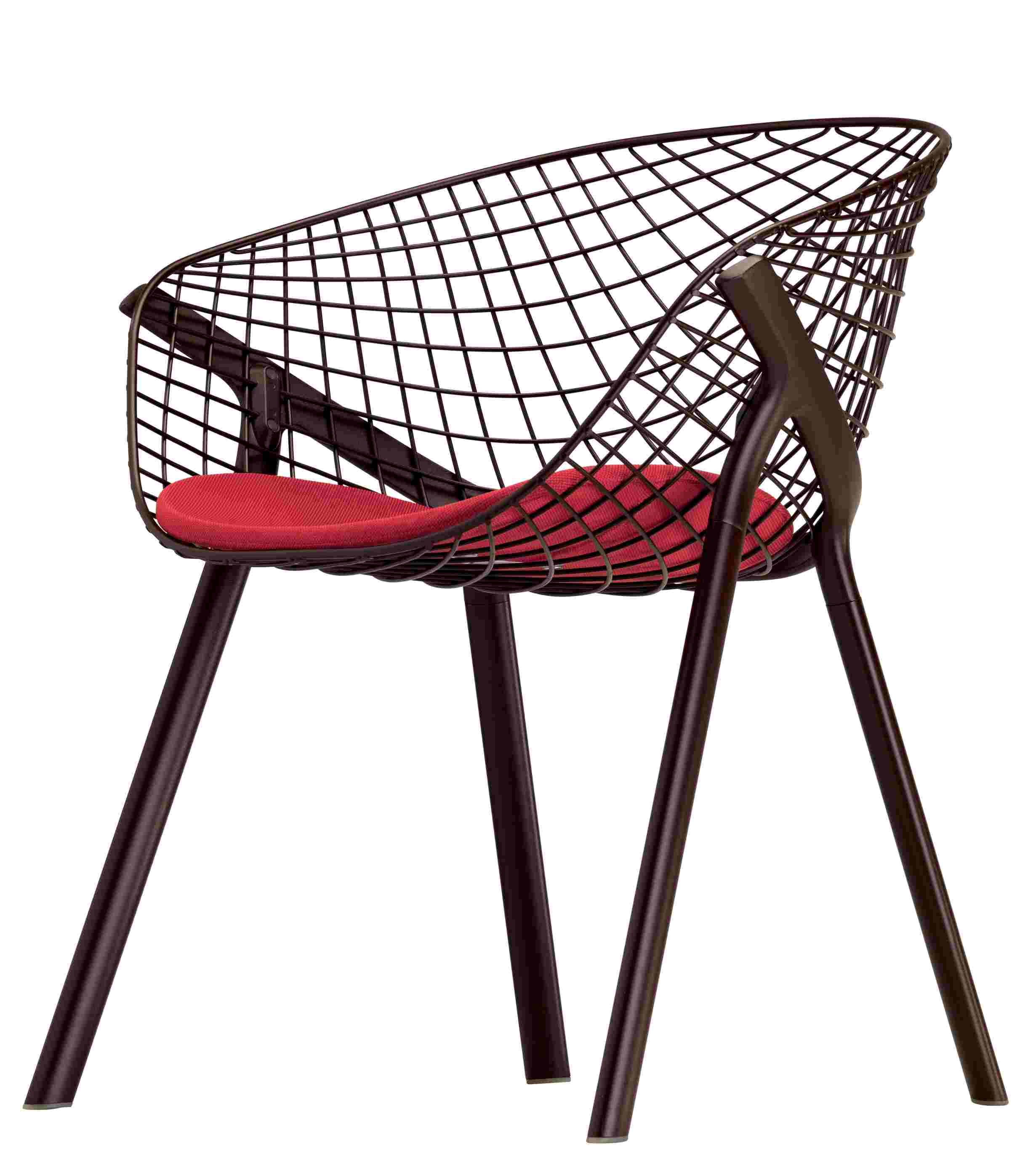 Kobi Chair: Draufsicht auf einen modernen Stuhl mit rotem Sitzkissen und filigranem Drahtgestell.