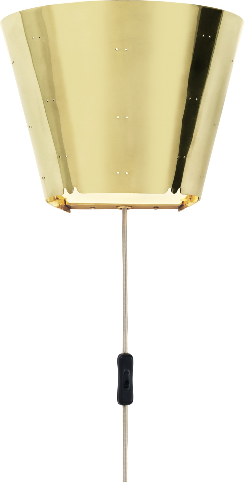 Gubi Wandleuchte 9464 aus Messing: Konische Lampe mit Schalter am Kabel.