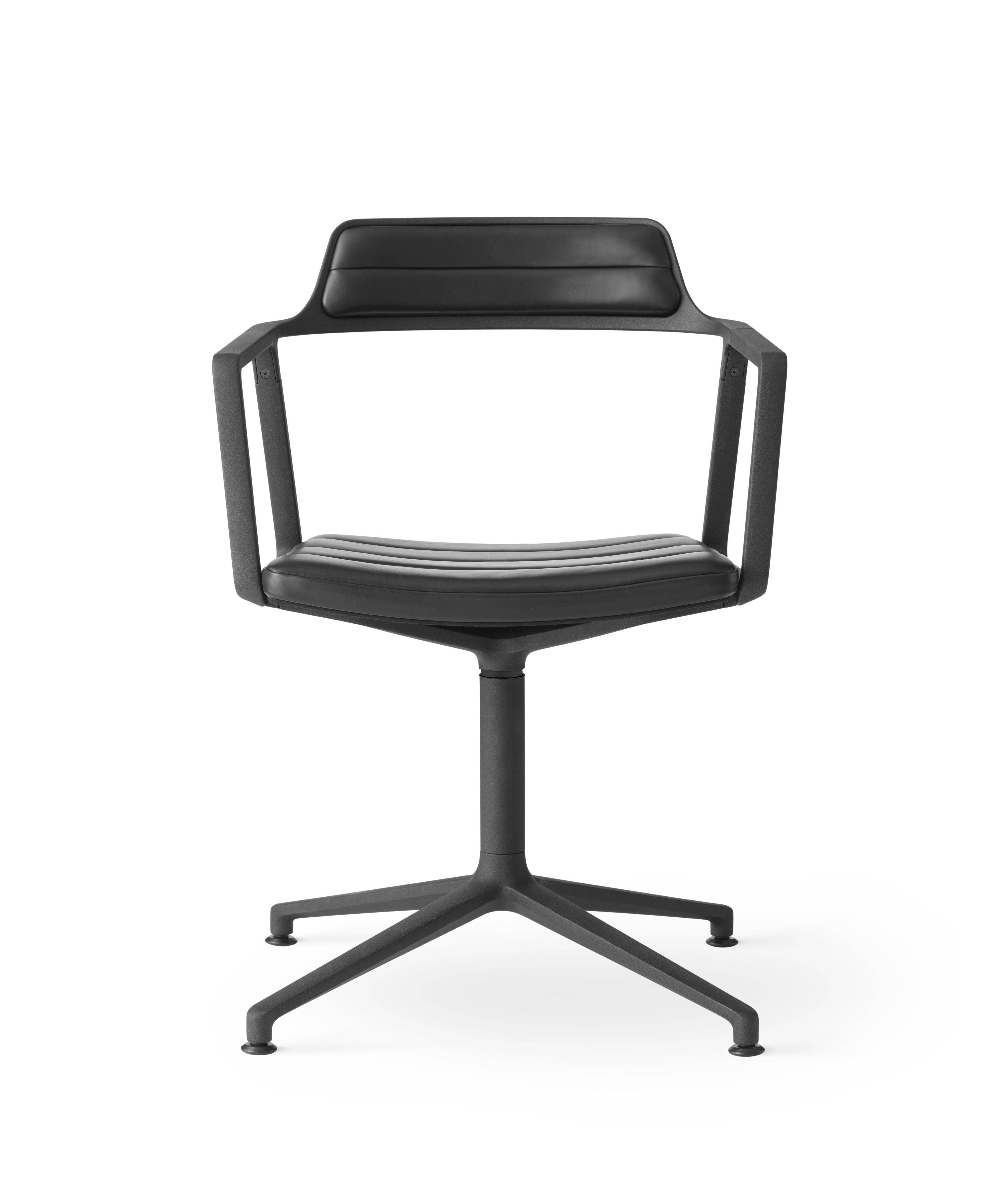 VIPP452 Swivel Stuhl mit schwarzem Leder und Rahmen, moderner Bürostuhl mit Drehfunktion und Gleitern.