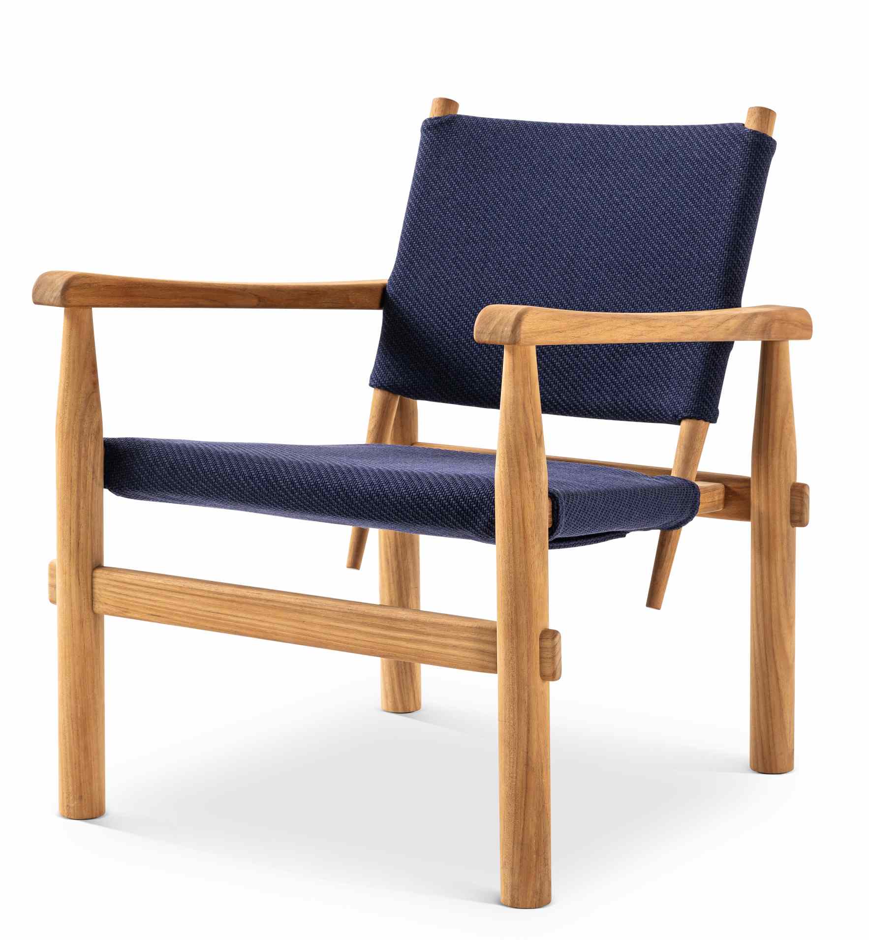 Doron Sessel von Cassina für den Außenbereich, Holzgestell mit blauem Stoffbezug, moderne Gartenmöbel.