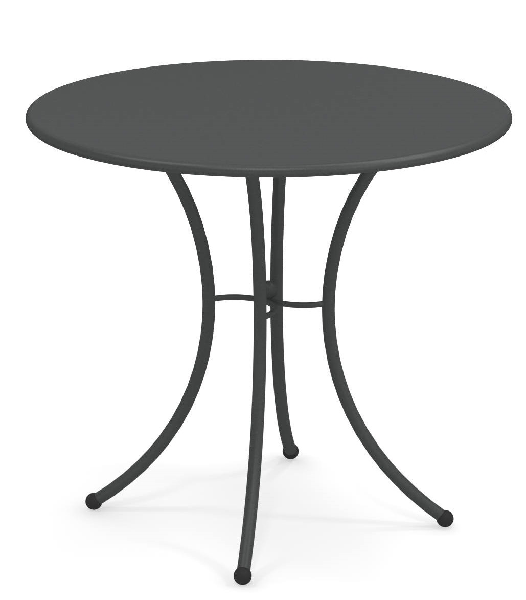 Pigalle Tisch rund von Emu, grauer Gartentisch mit filigranem Metallgestell für den Außenbereich.
