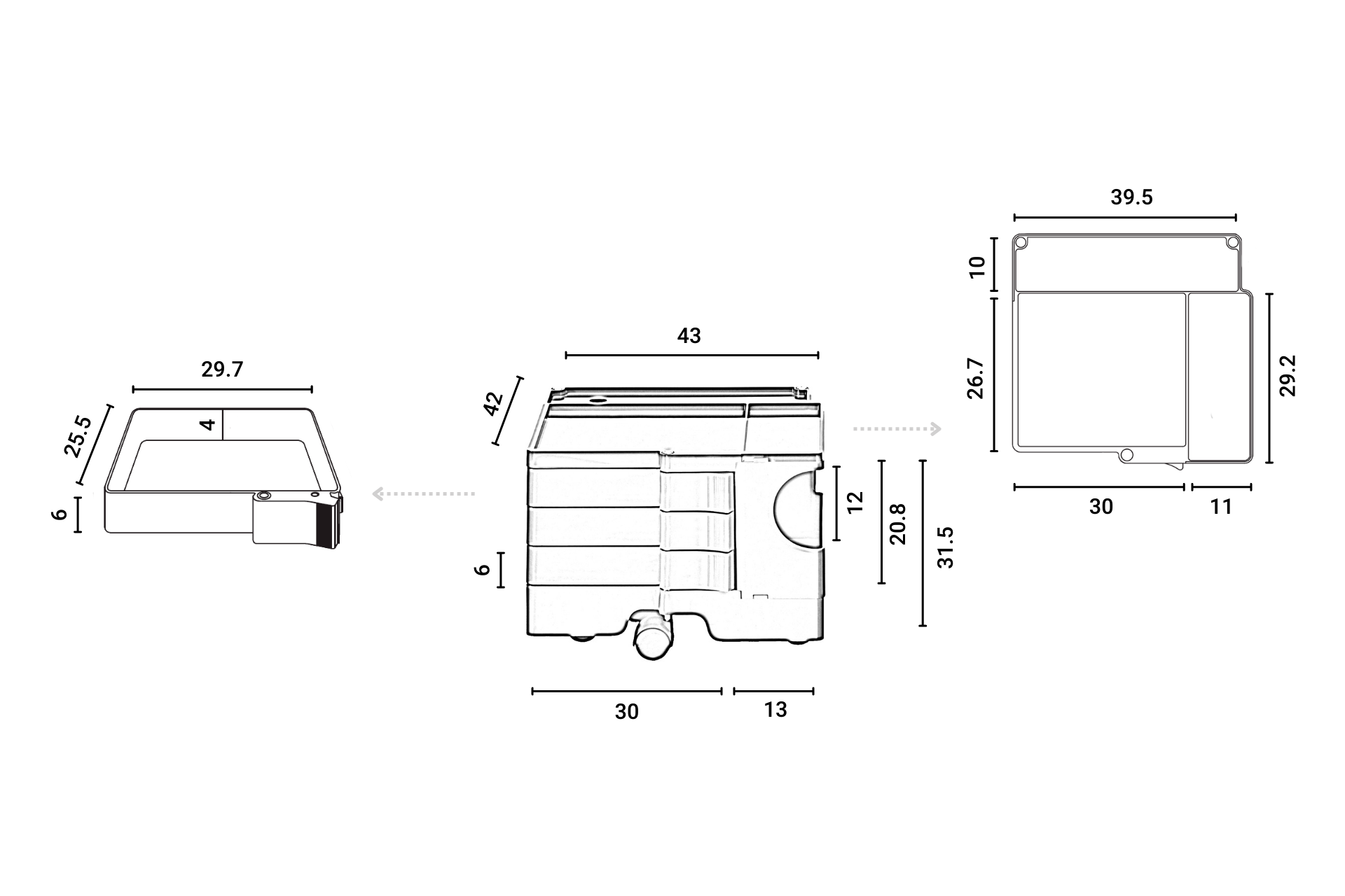 Maßzeichnung Boby B13 Rollcontainer B-Line: Abmessungen, Ansichten und Details des Büro-Rollcontainers.