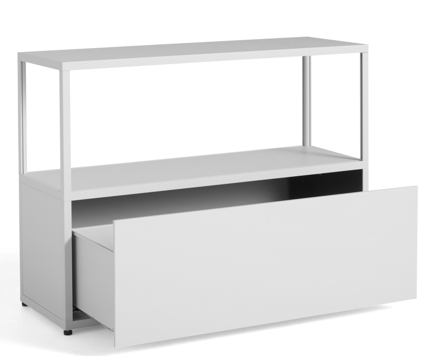 Hellgraues New Order Sideboard von Hay mit offener Schublade und Regalfächern.