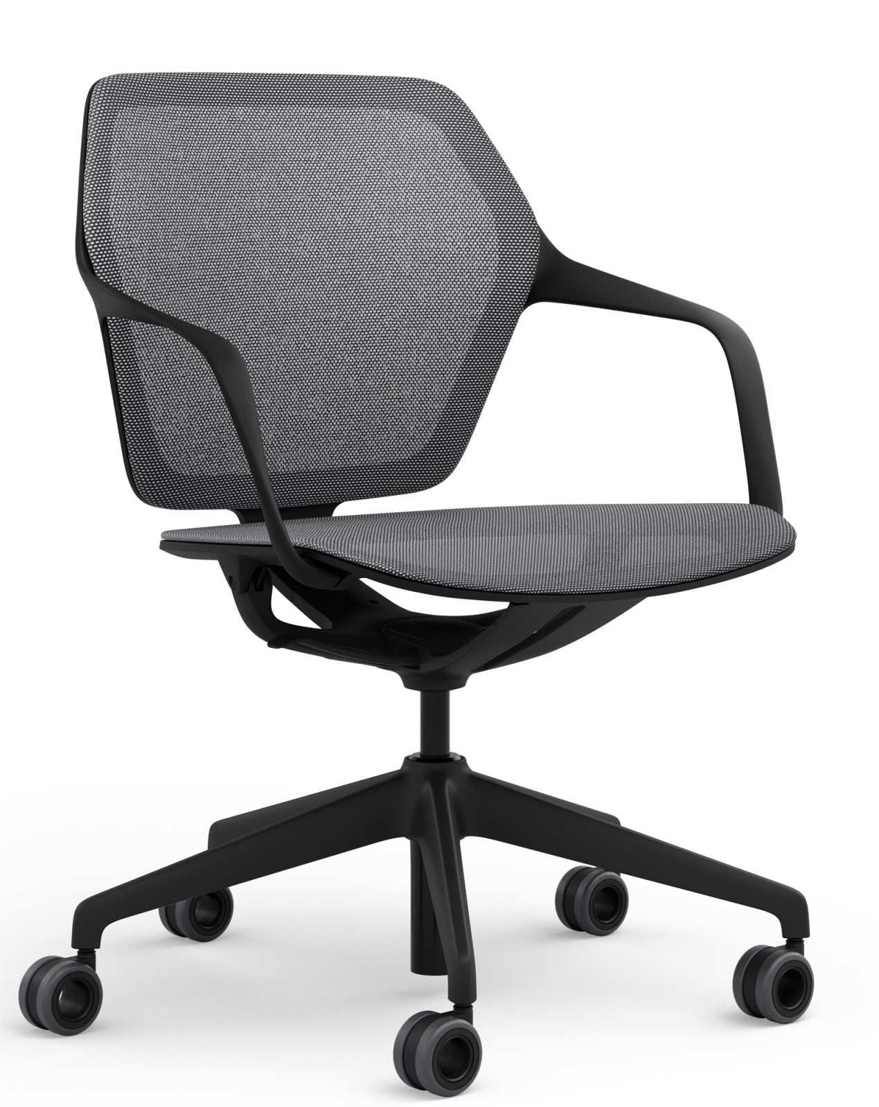 Ray Work Drehstuhl von Brunner mit Armlehnen, grauem Netzstoff und schwarzem Fußkreuz mit Rollen.