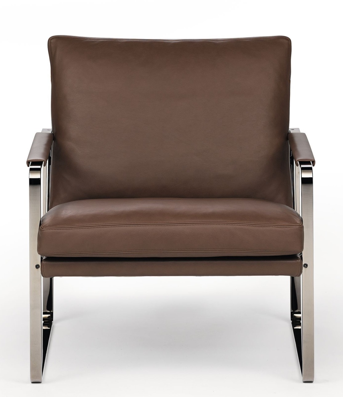 Walter Knoll Sessel Fabricius 710 in braunem Leder mit poliertem Edelstahlgestell, Frontansicht.