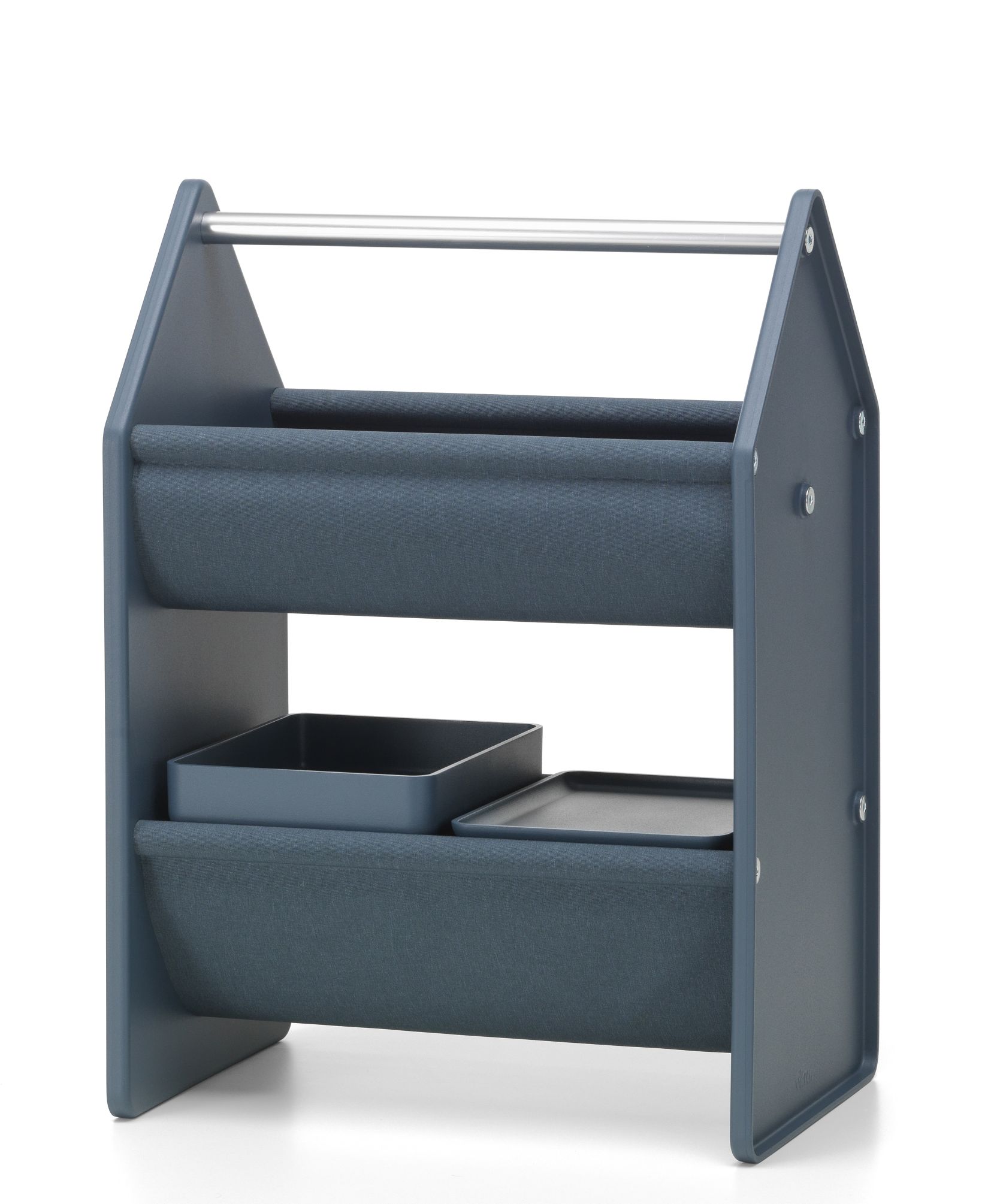 Vitra Drop Box Aufbewahrungsbox in Blau mit zwei Stoffbehältern und Ablageflächen, ideal für Kinderzimmer.