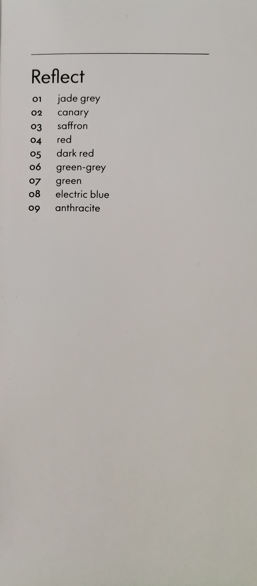 Vitra Reflect Stoffmusterkarte: Übersicht der verfügbaren Stofffarben wie Jade Grey, Canary, Saffron, Rot.