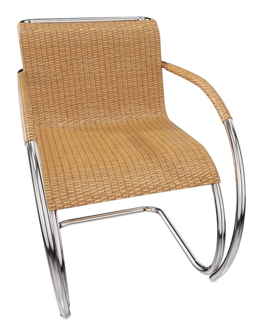 MR Stuhl mit Armlehnen von Knoll International, Rattan-Geflecht und verchromtem Stahlrohr-Gestell.