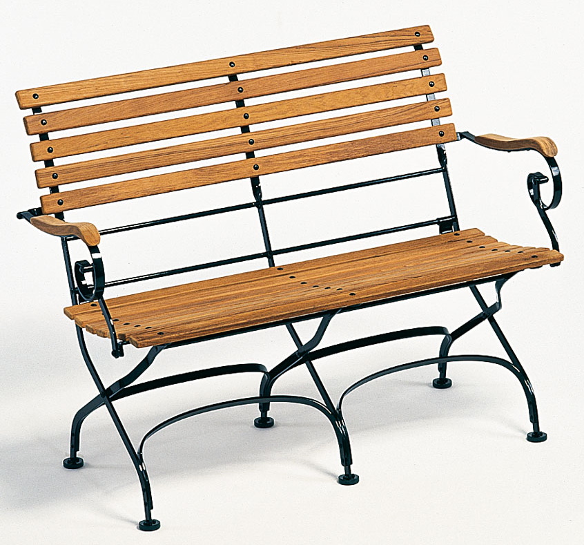 Weishäupl Classic Bank: 2-Sitzer Gartenbank mit Armlehnen, dunkelgrünes Metallgestell und Holzlatten.