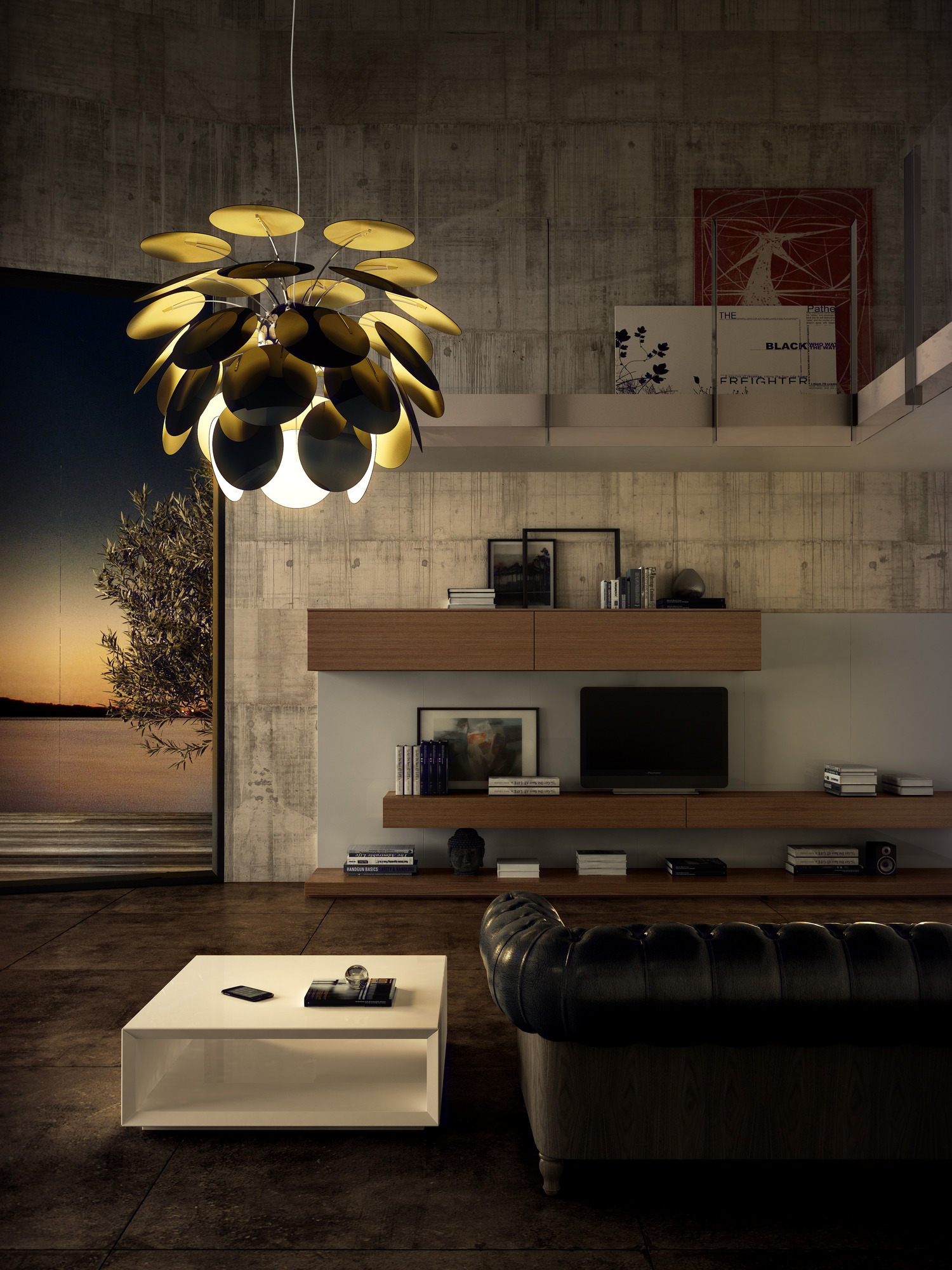 Discocó 68 LED Pendelleuchte von Marset in modernem Wohnzimmer mit Betonwand und Ledersofa.