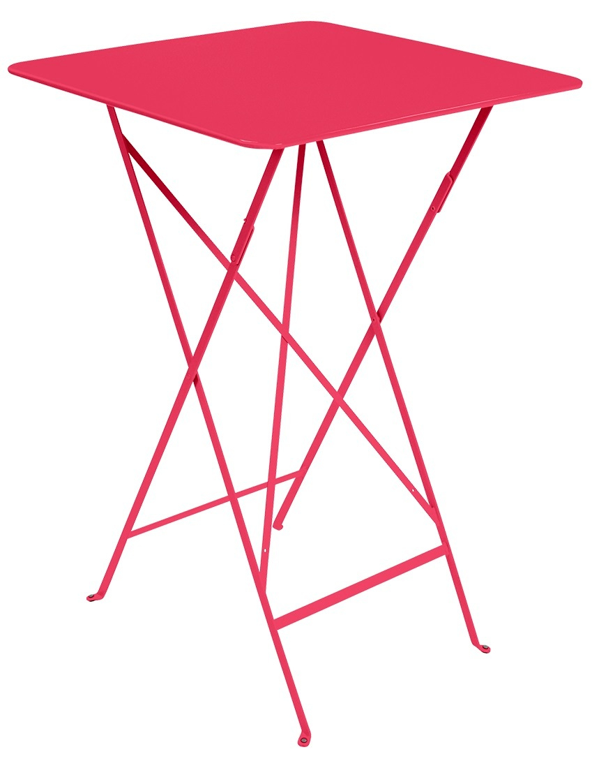 Pinker Fermob Bistro Stehtisch für den Außenbereich mit quadratischer Tischplatte und filigranem Metallgestell.