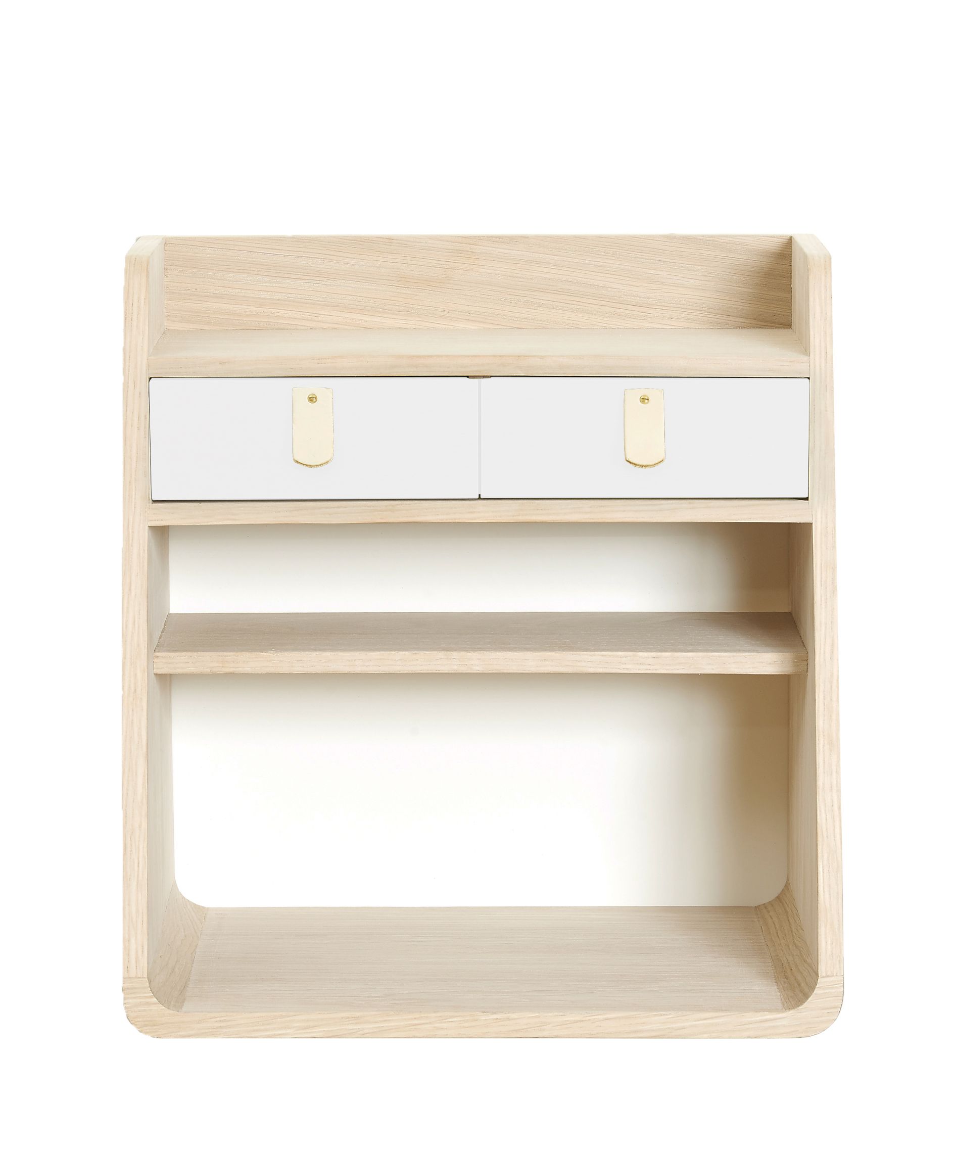 Hartô Suzon Wandschrank in Eiche und Weiß mit zwei Schubladen und Regalböden.