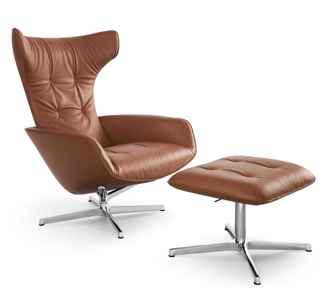 Onsa Chair Sessel von Walter Knoll, braunes Leder mit Hocker und Drehfuß aus Chrom.