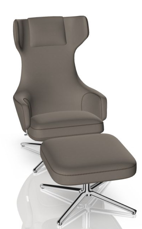 Grand Repos Sessel mit Ottoman von Vitra, Leder Cosy Fossil, poliertes Aluminium.
