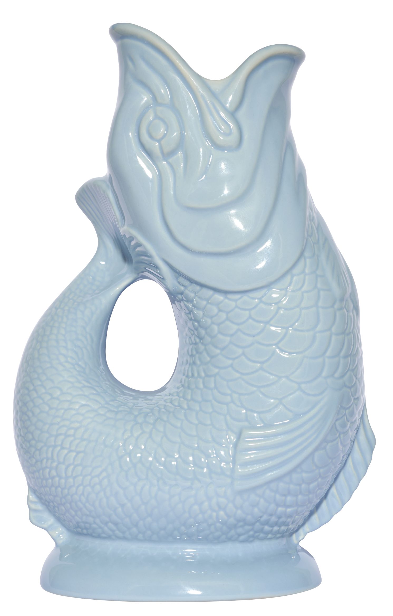 Helleblaue Gluckigluck Fischkaraffe in XL-Größe. Keramikvase in Fischform, ideal als Dekoration und Wasserkaraffe.