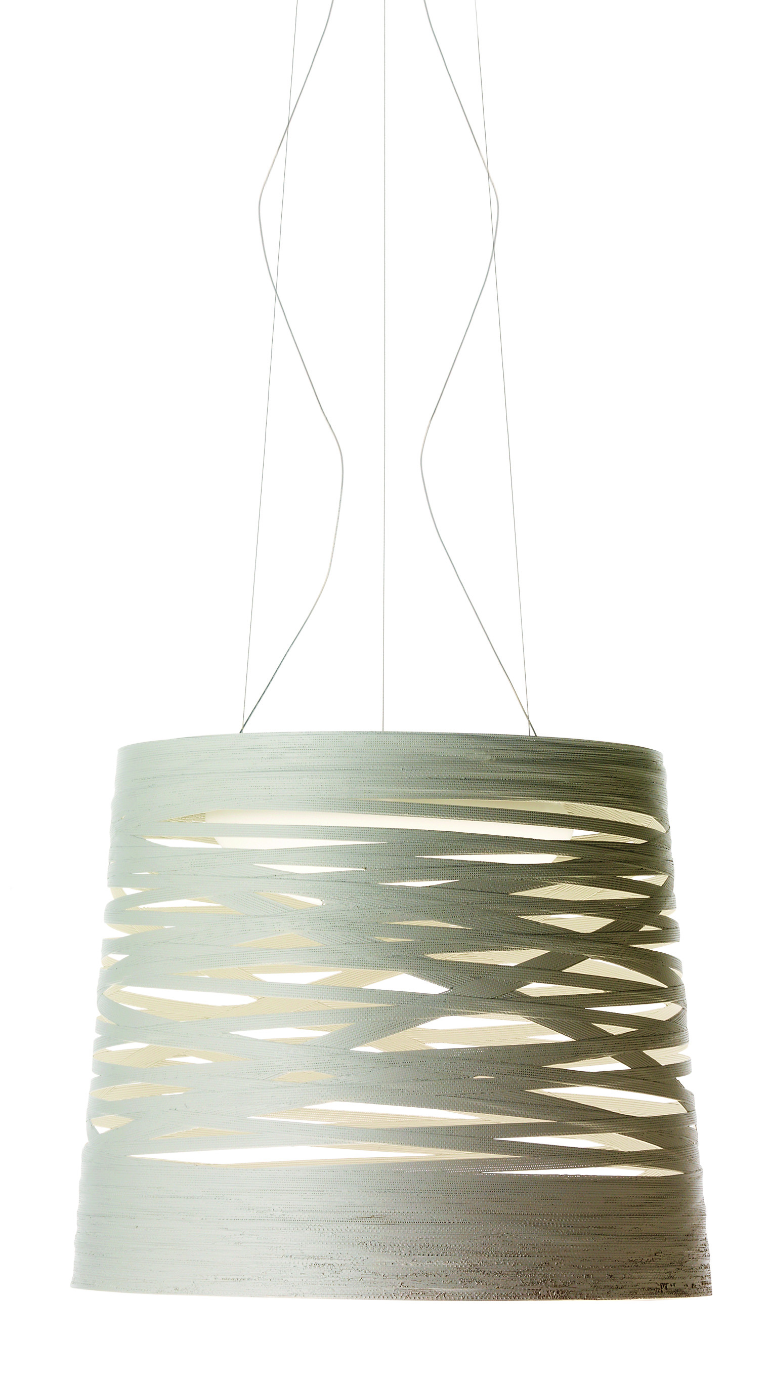 Nahaufnahme der modernen Tress Grande LED Pendelleuchte von Foscarini in Weiß, Hängeleuchte mit besonderem Design.