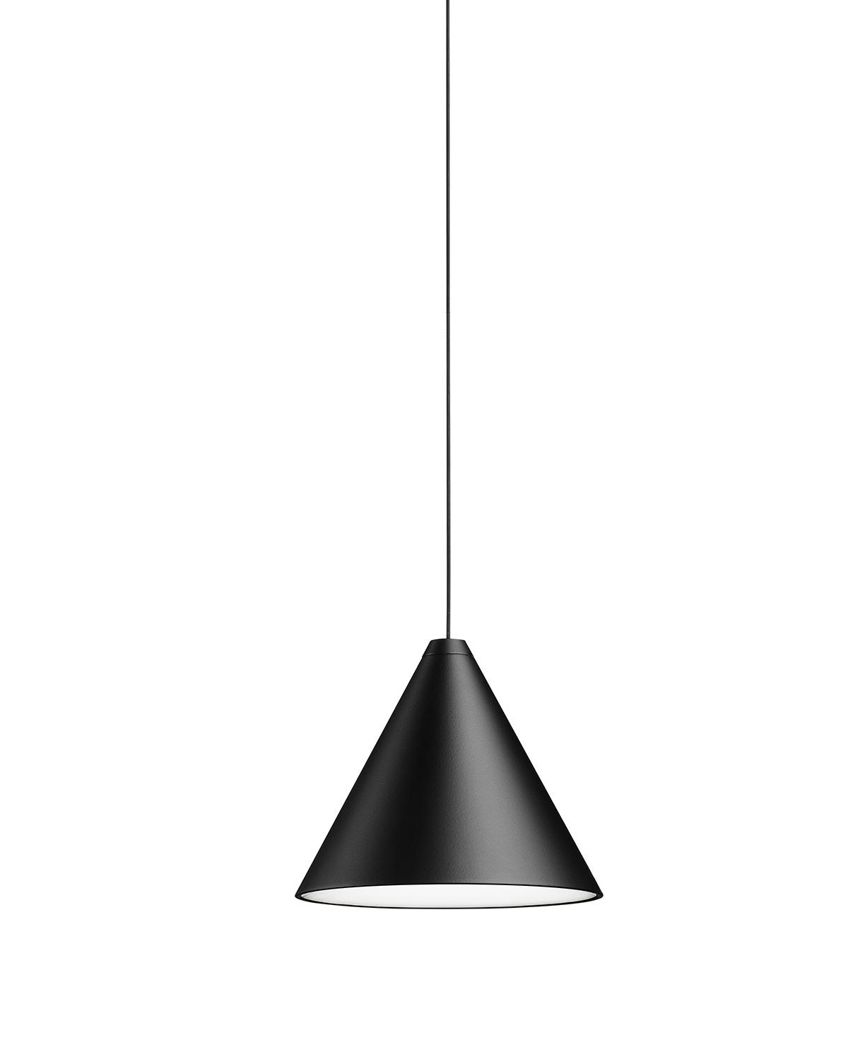 Schwarze Flos Pendelleuchte im Kegeldesign, moderne Hängelampe für Wohnzimmer und Essbereich.