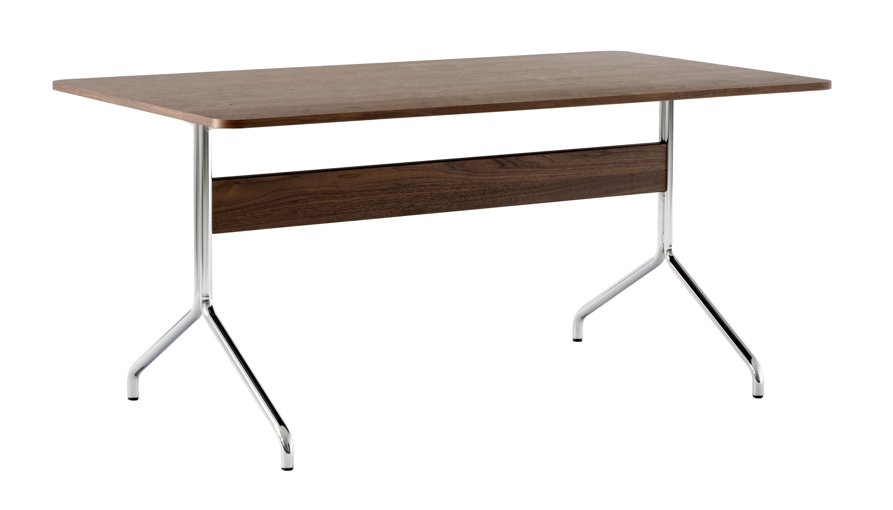AndTradition Pavilion AV Tisch mit Holzplatte und verchromtem Stahlgestell, modernes Design für Büro und Zuhause.