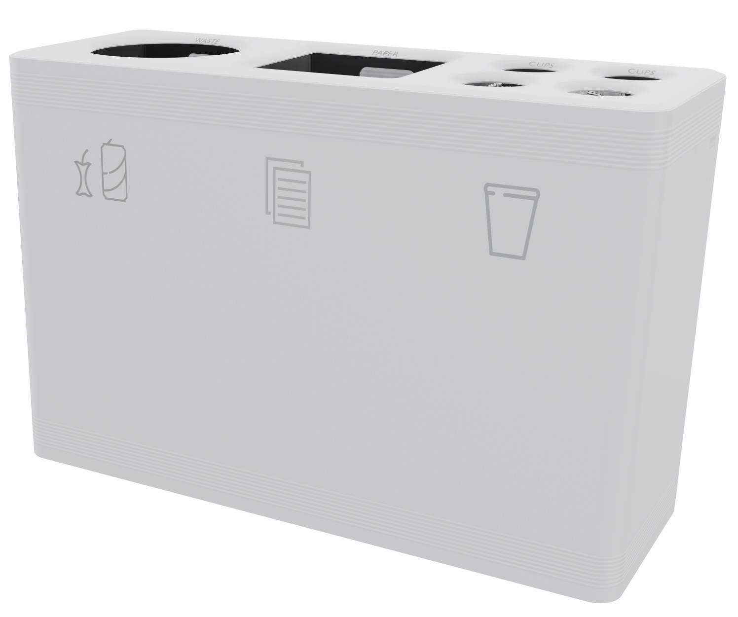 Weißes Ditch 3 Abfalltrennsystem Functionals mit drei Fächern für Abfall, Papier und Becher.