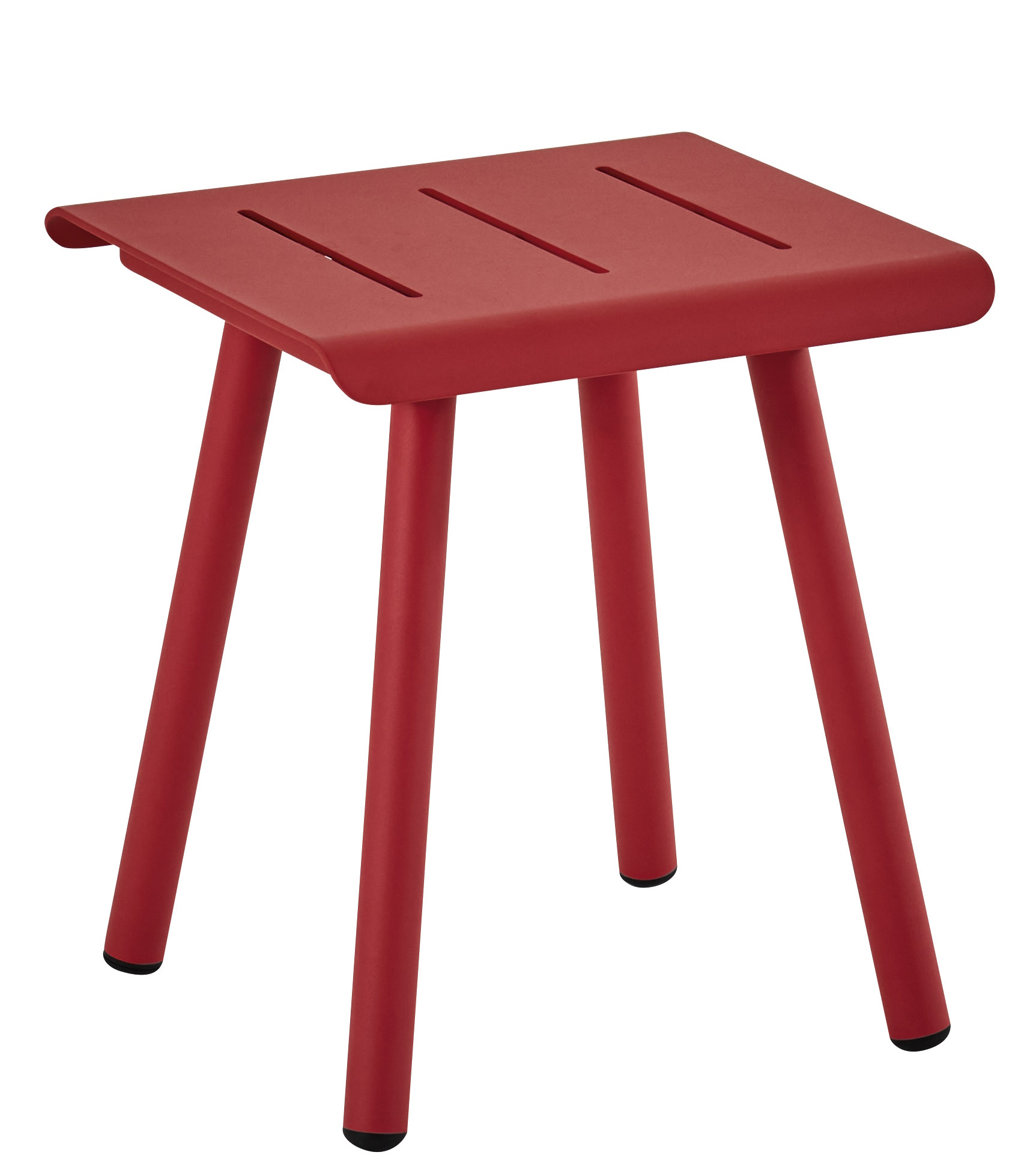 Roter Vapio Stool Hocker von Weishäupl für den Außenbereich, quadratische Sitzfläche mit schmalen Schlitzen.