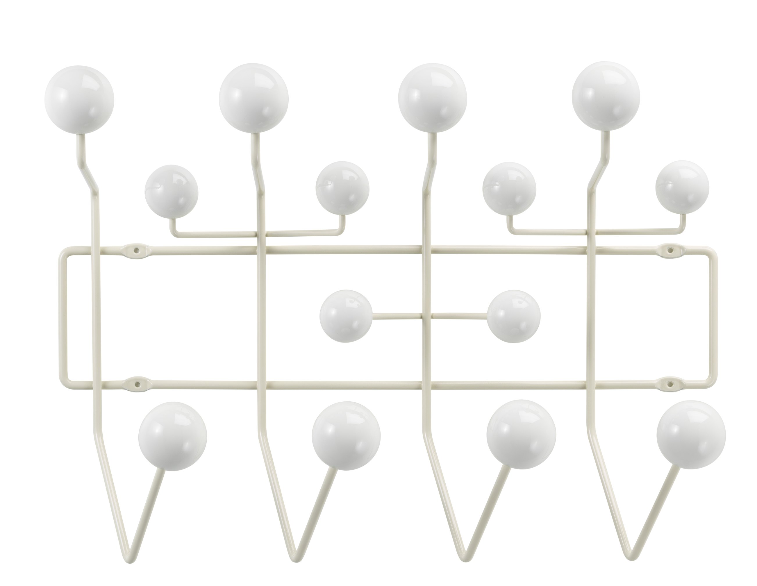 Eames Hang it all Garderobe von Vitra in Warmweiss, moderne Wandgarderobe mit bunten Holzkugeln.