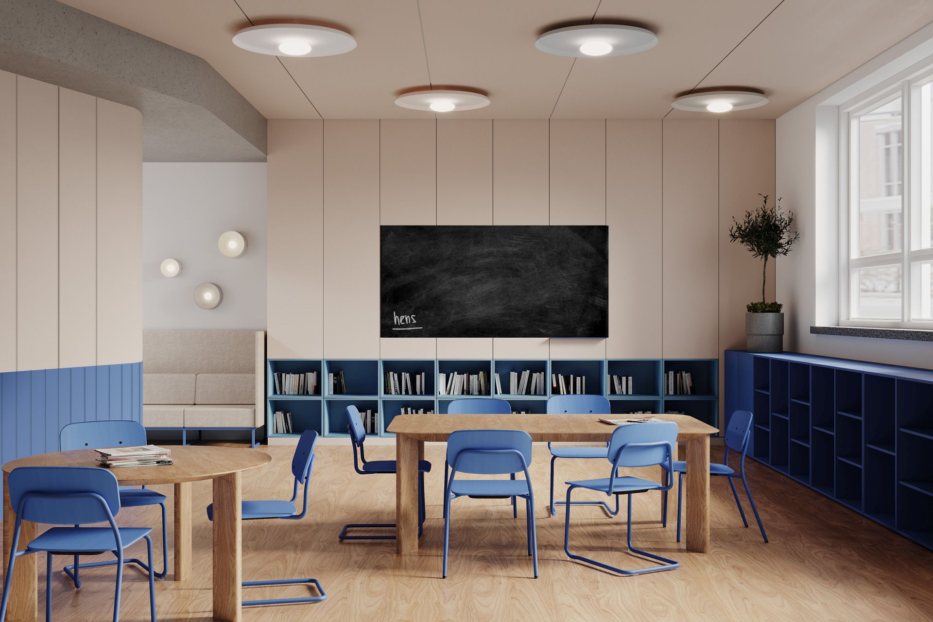 Heller Konferenzraum mit Holztischen und blauen hens HS 231 Stühlen von Bejot für moderne Büros.