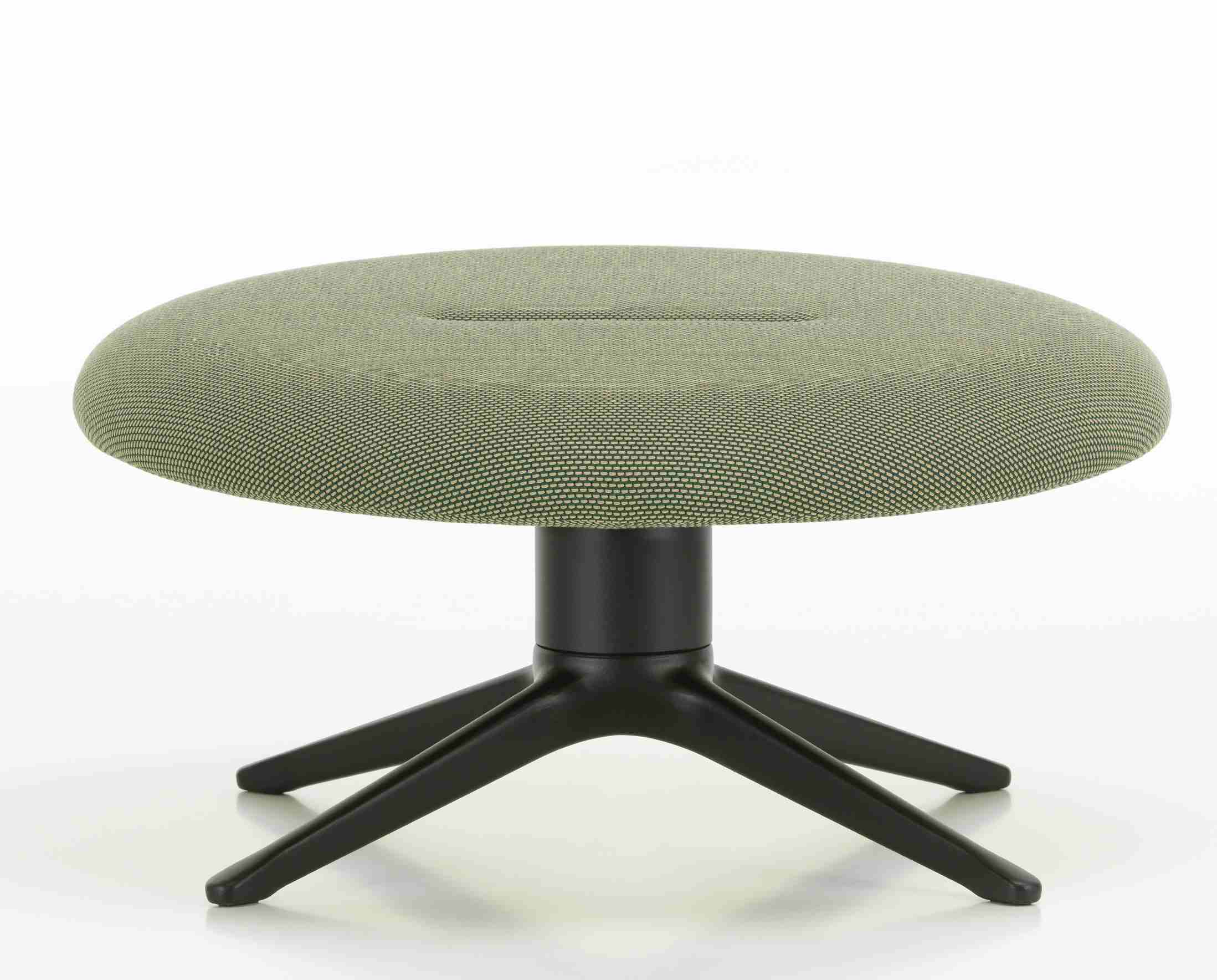 Abalon Platform Ottoman Vitra, runder Hocker mit grünem Bezug und schwarzem Fußkreuz.