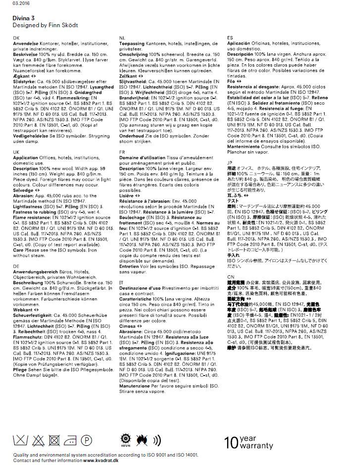 Stoffmusterkarte Divina 3 von Kvadrat: Detailaufnahme der technischen Daten und Materialbeschreibungen für Möbelstoffe.