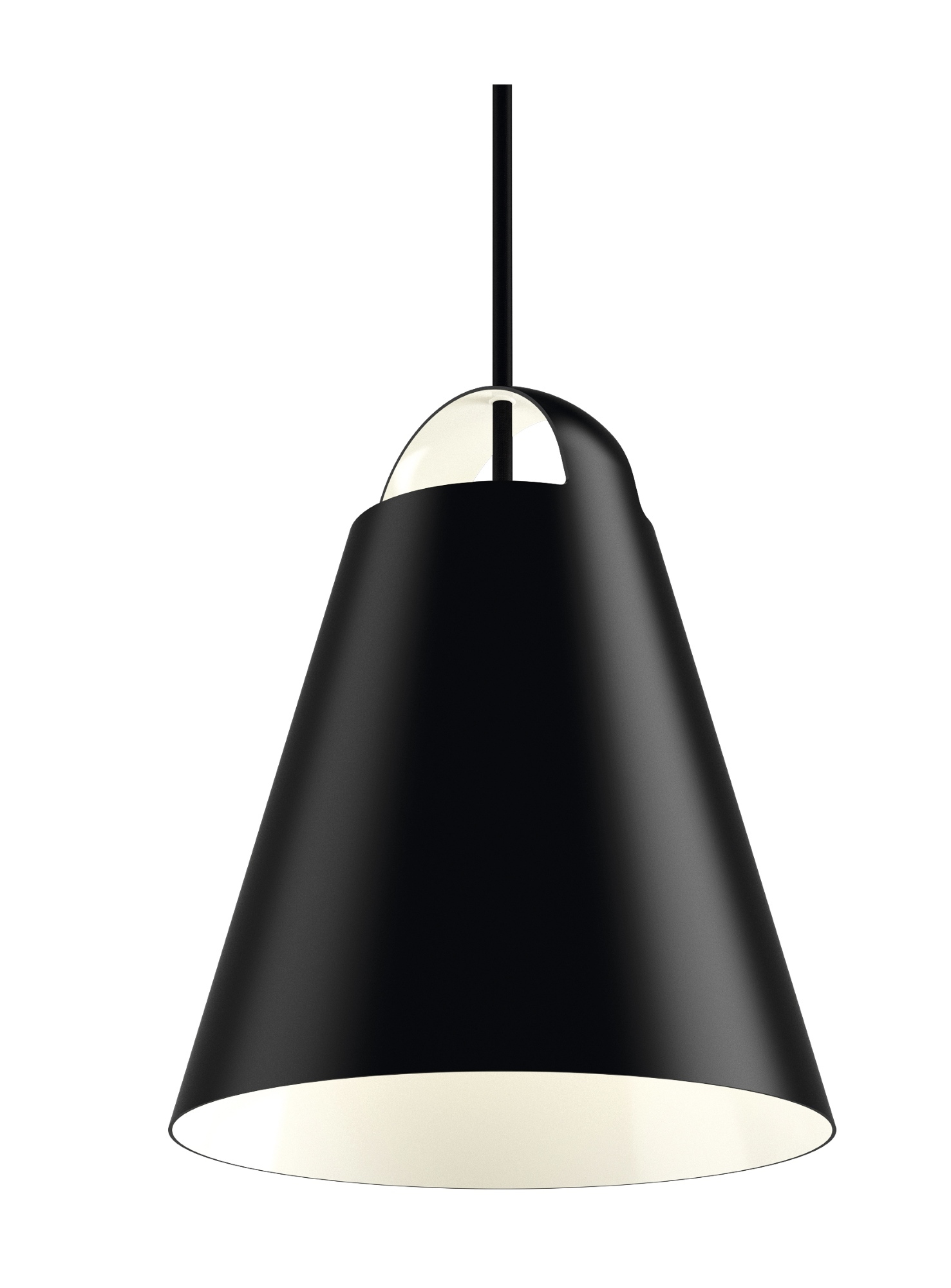 Schwarze Above Pendelleuchte von Louis Poulsen, kegelförmig, mit weißem Lichtaustritt nach unten, modernes Design.