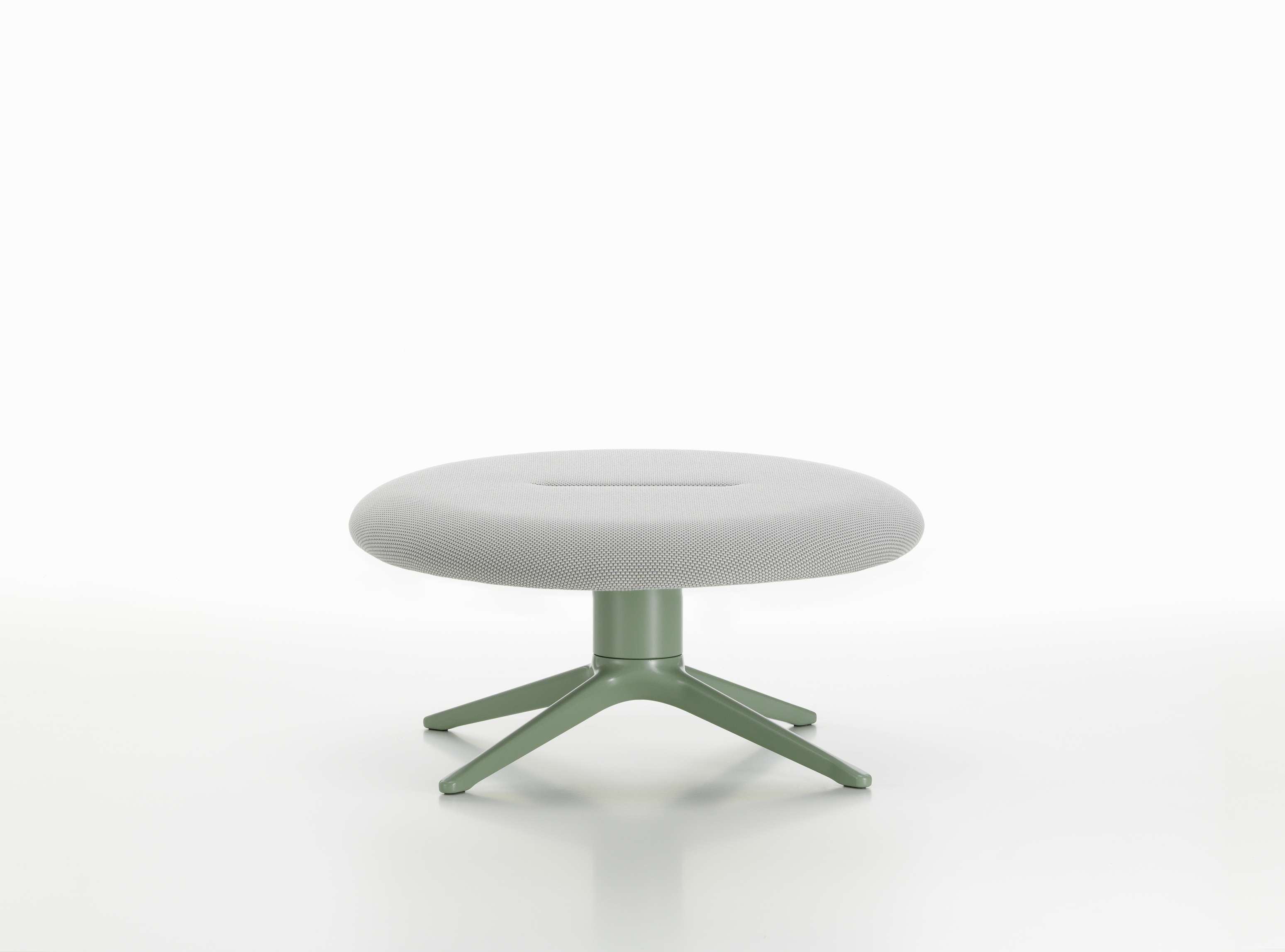 Abalon Platform Ottoman von Vitra, grauer Hocker mit grünem Fuß auf weißem Hintergrund.