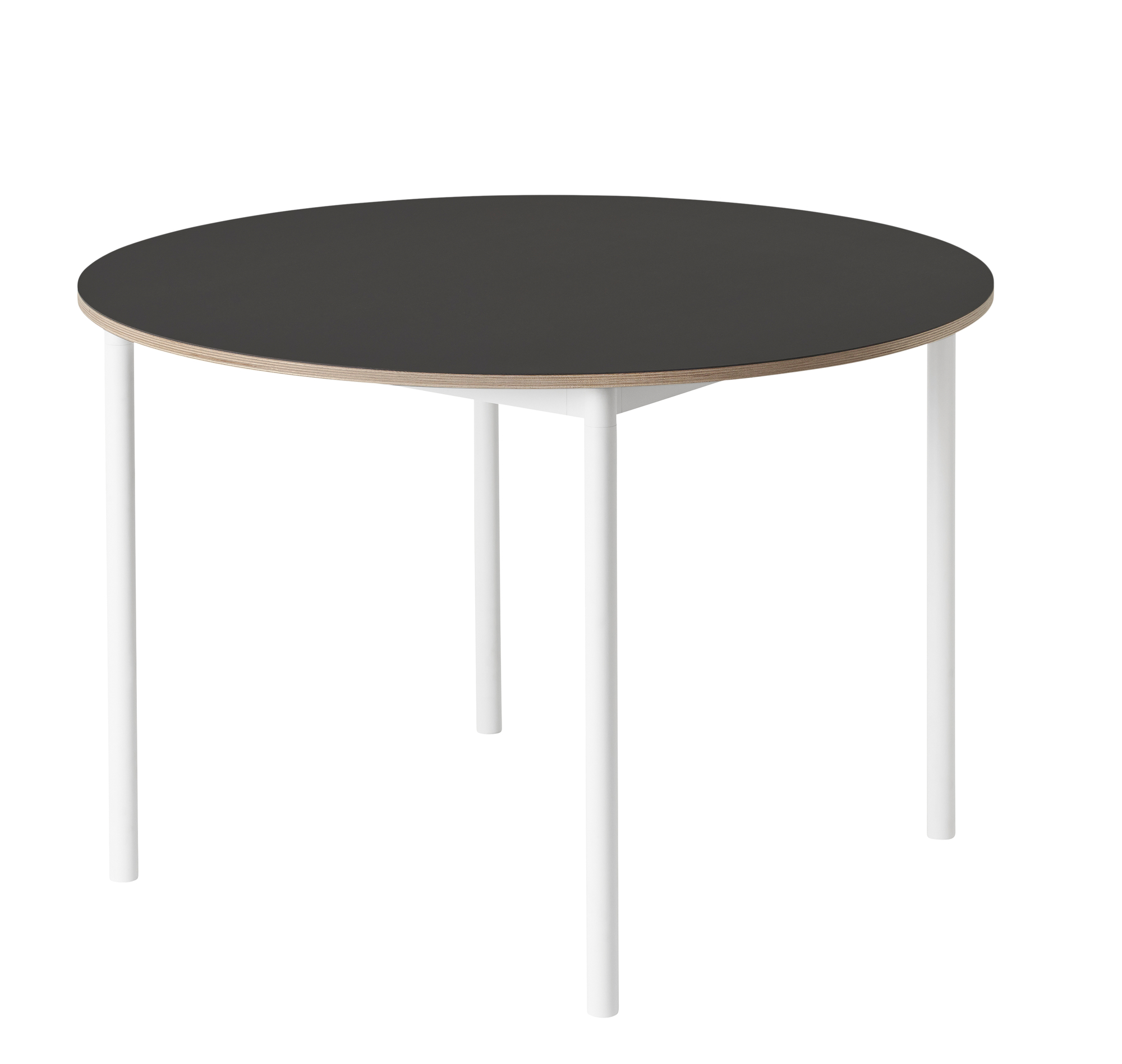 Muuto Base Table Tisch mit runder, anthrazitfarbener Tischplatte und weißen Beinen, skandinavisches Design.