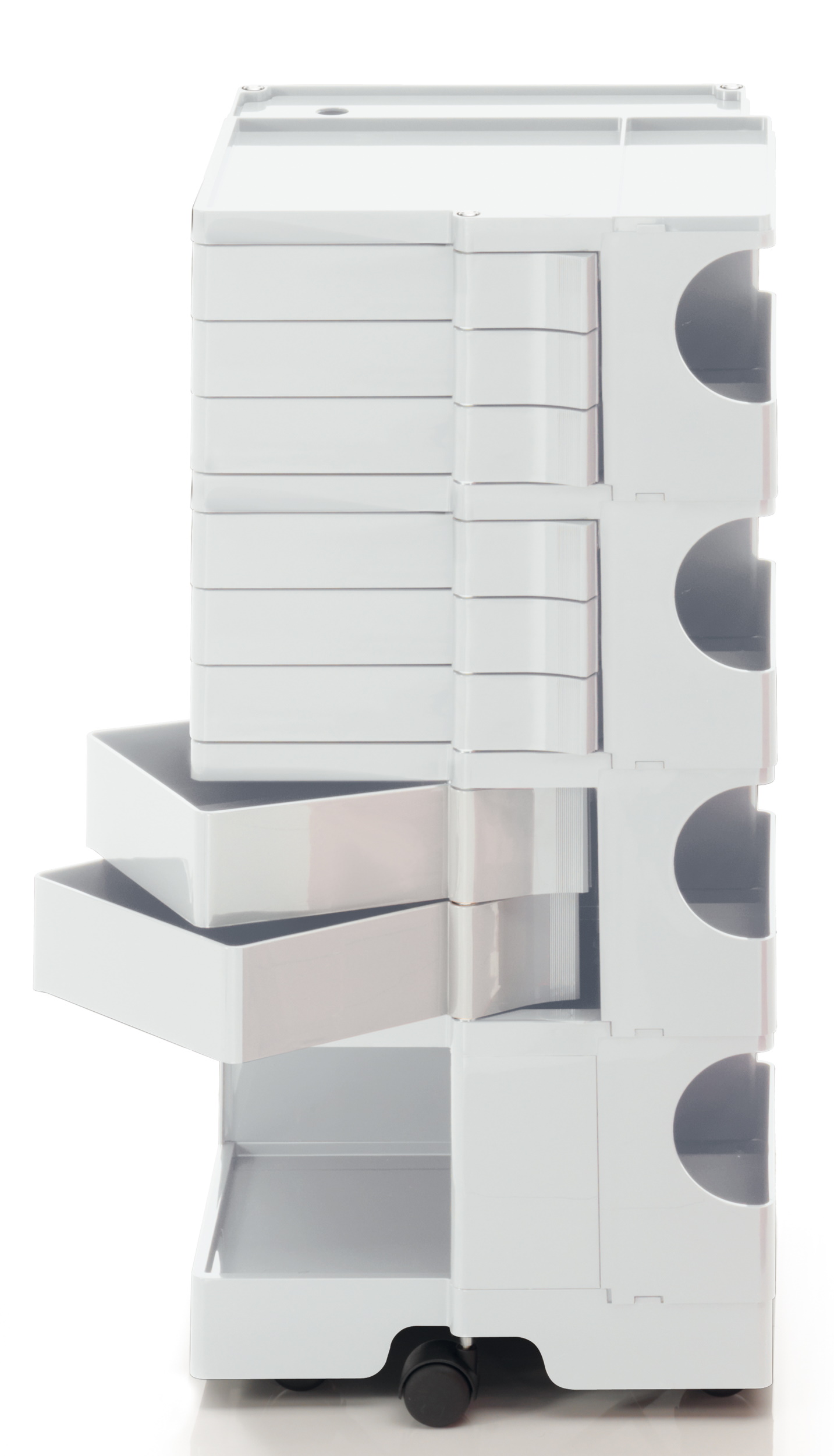 Weißer Boby Rollcontainer mit Schubladen und Fächern, ideal für Büro oder Werkstatt.