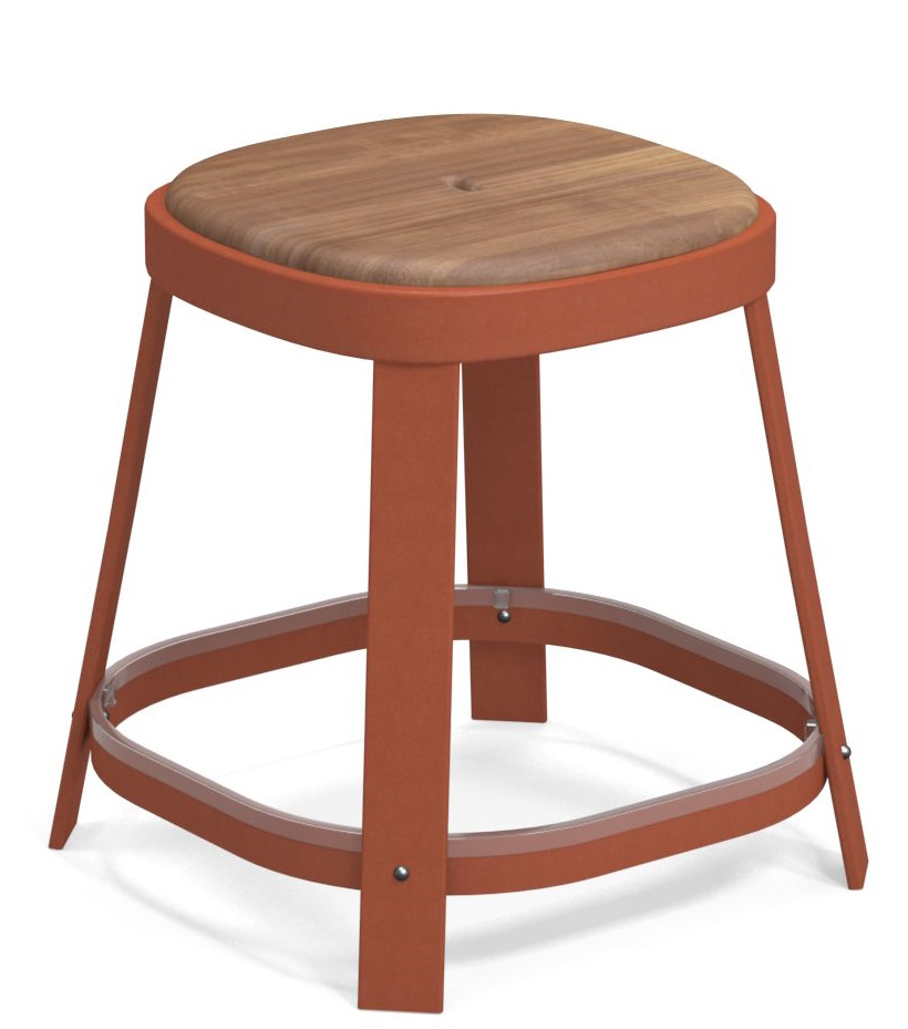 Thor Dining Stool: Niedriger Barhocker von Emu für den Außenbereich, Holz und Terrakotta.