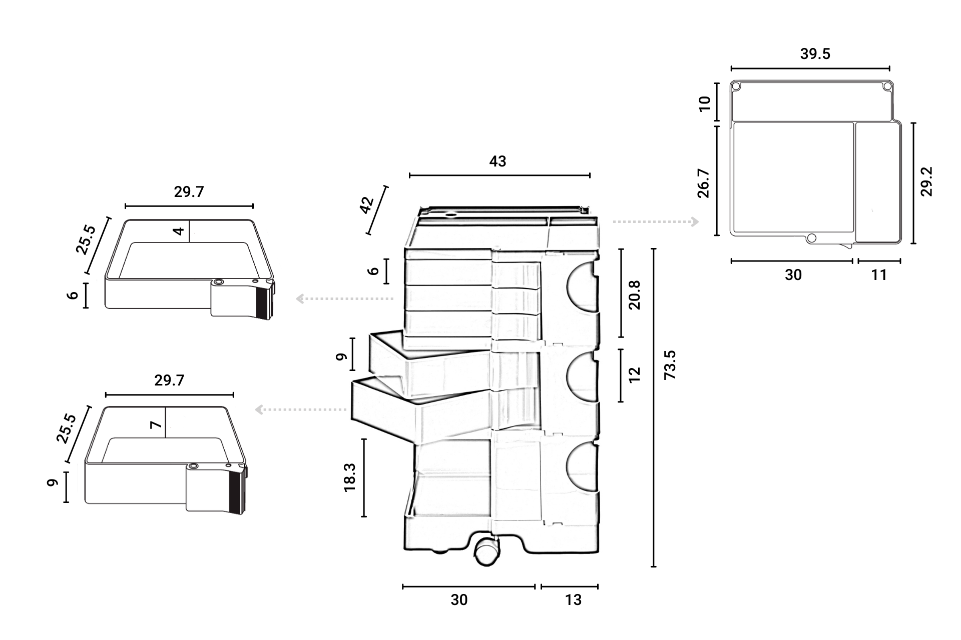 Technische Zeichnung: Boby B35 Rollcontainer in Tornado Grey mit Maßangaben für E-Commerce.