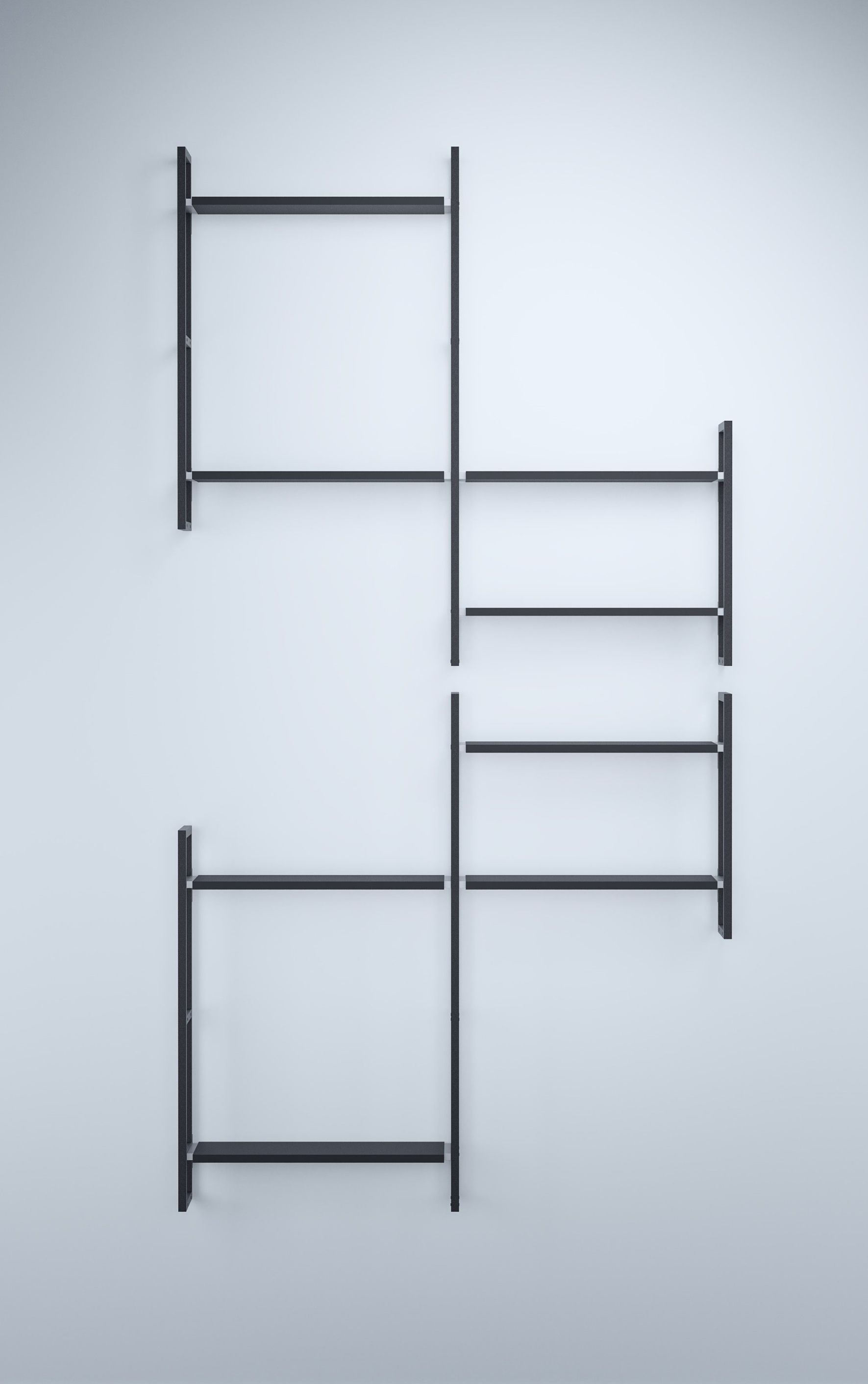 Schwarzes Wandregal Grundmodul D Oncono, modernes Regalsystem zur individuellen Gestaltung an der Wand.