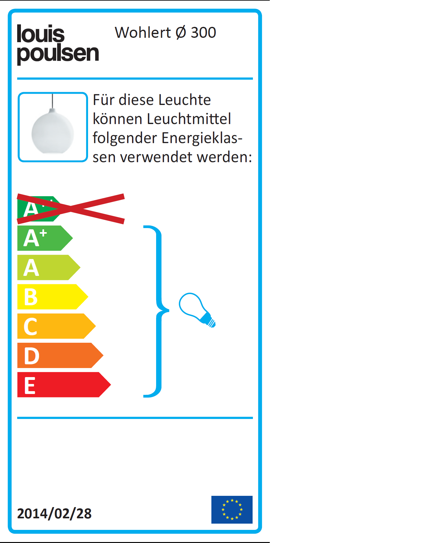 Energieeffizienzlabel für Louis Poulsen Wohlert Pendelleuchte, zeigt Energieklassen von A+ bis E.