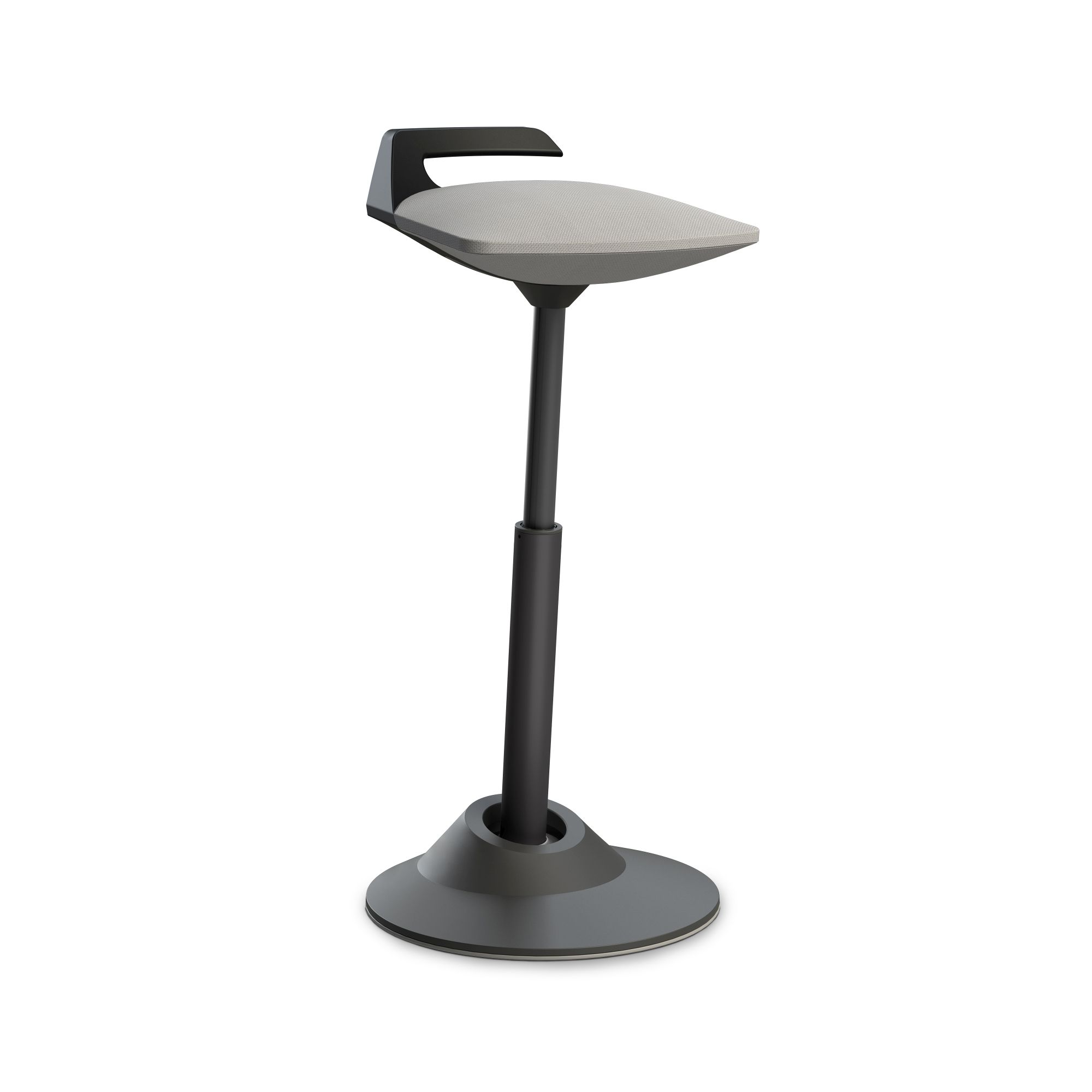 Ergonomischer Steh-Sitz-Hocker in Grau mit Fußstütze und höhenverstellbarer Säule für Büro und Homeoffice.
