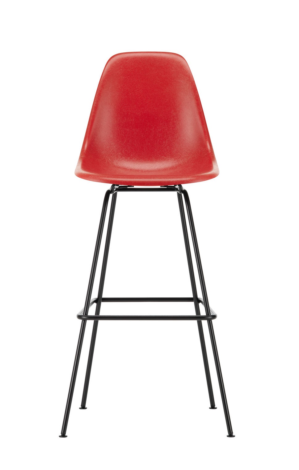 Roter Eames Barhocker aus Fiberglas von Vitra mit schwarzem Metallgestell, Frontansicht.