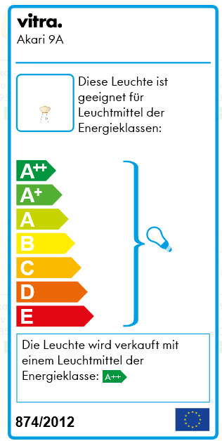 Energieeffizienzlabel der Akari 9A Tischleuchte von Vitra, mit Energieklasse A++. Nachhaltige Beleuchtung für Ihr Zuhause.