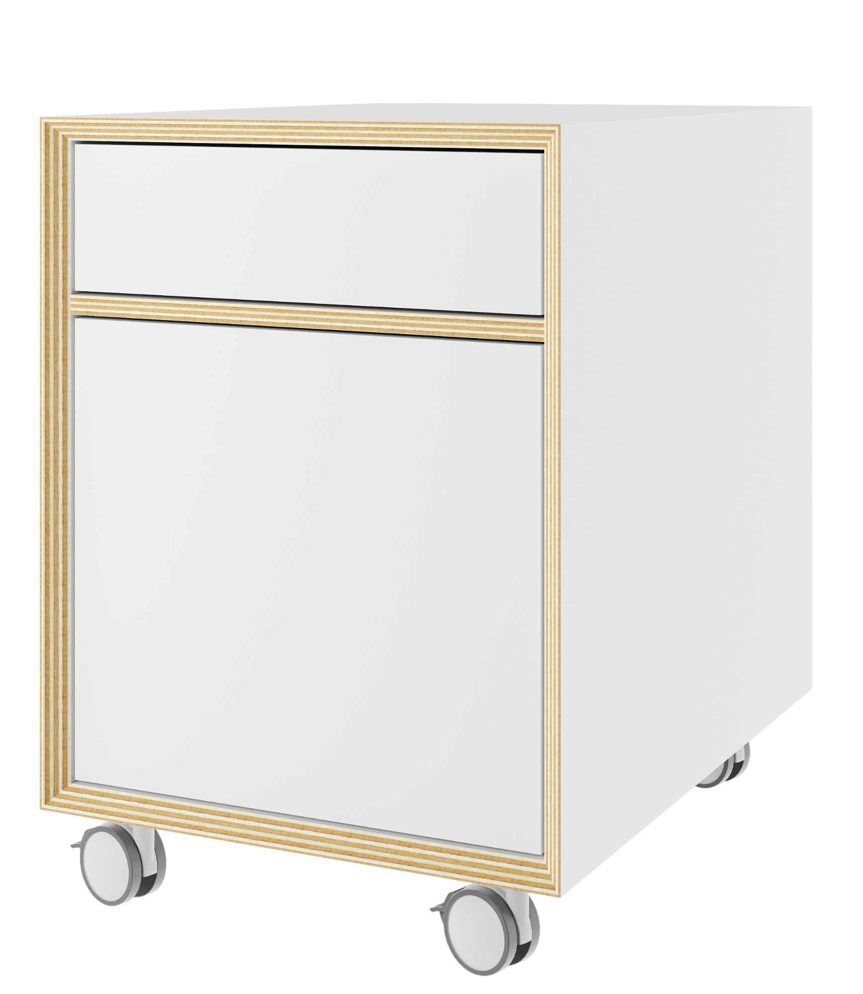Weißer Müller Möbelwerkstätten Rollcontainer mit Schublade und Tür auf Rollen.