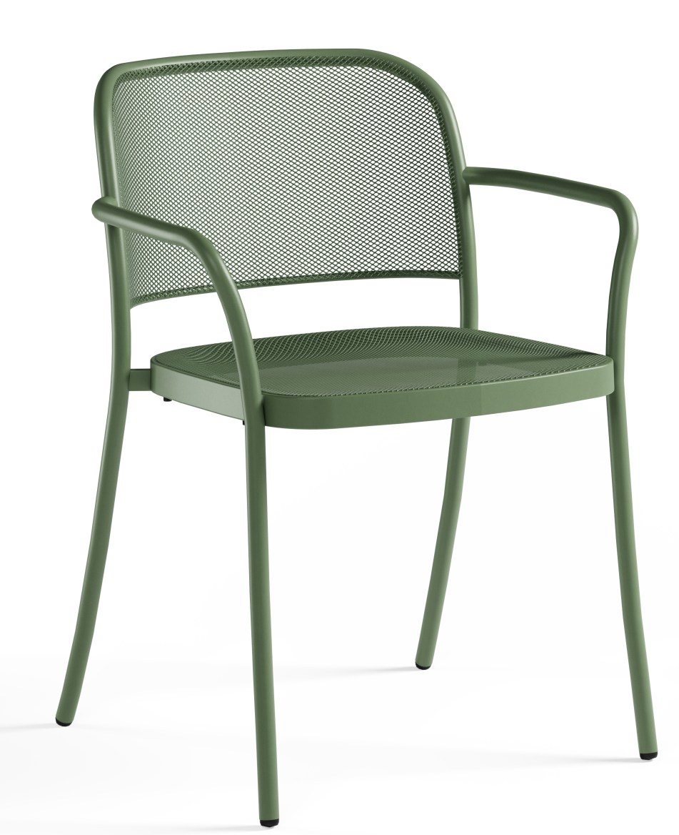 Café Armchair von Emu, grüner Outdoor-Stuhl mit Armlehnen und Netzstruktur für Garten und Terrasse.