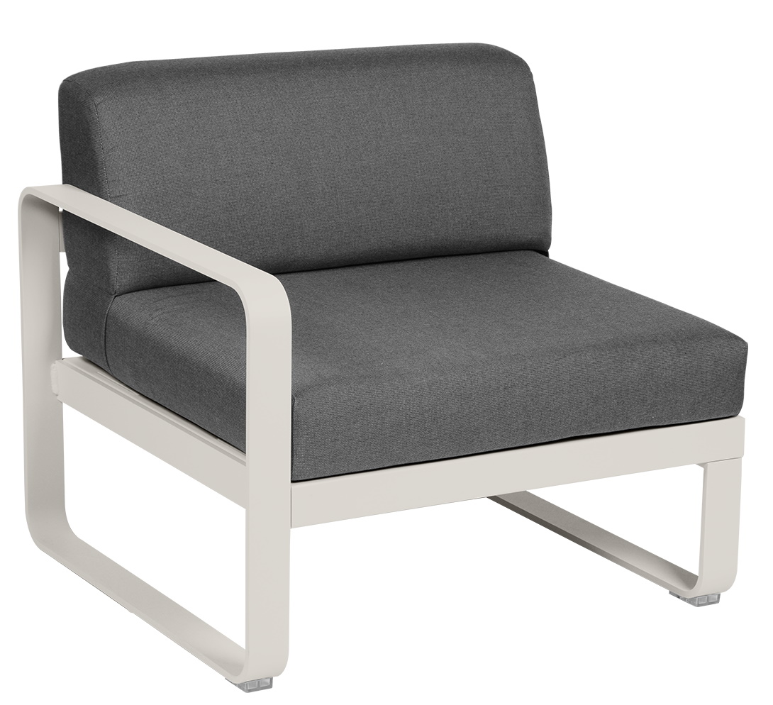 Bellevie Modulsofa 1-Sitzer links von Fermob für den Außenbereich, grauer Stoffbezug und weißes Gestell.