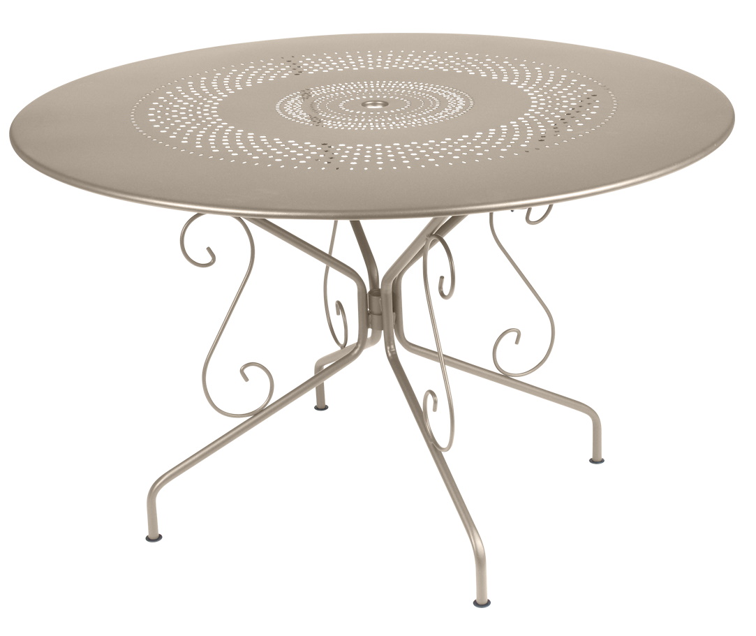 Montmartre Tisch Outdoor Fermob, runder Gartentisch aus Metall mit Lochmuster in Taupe.