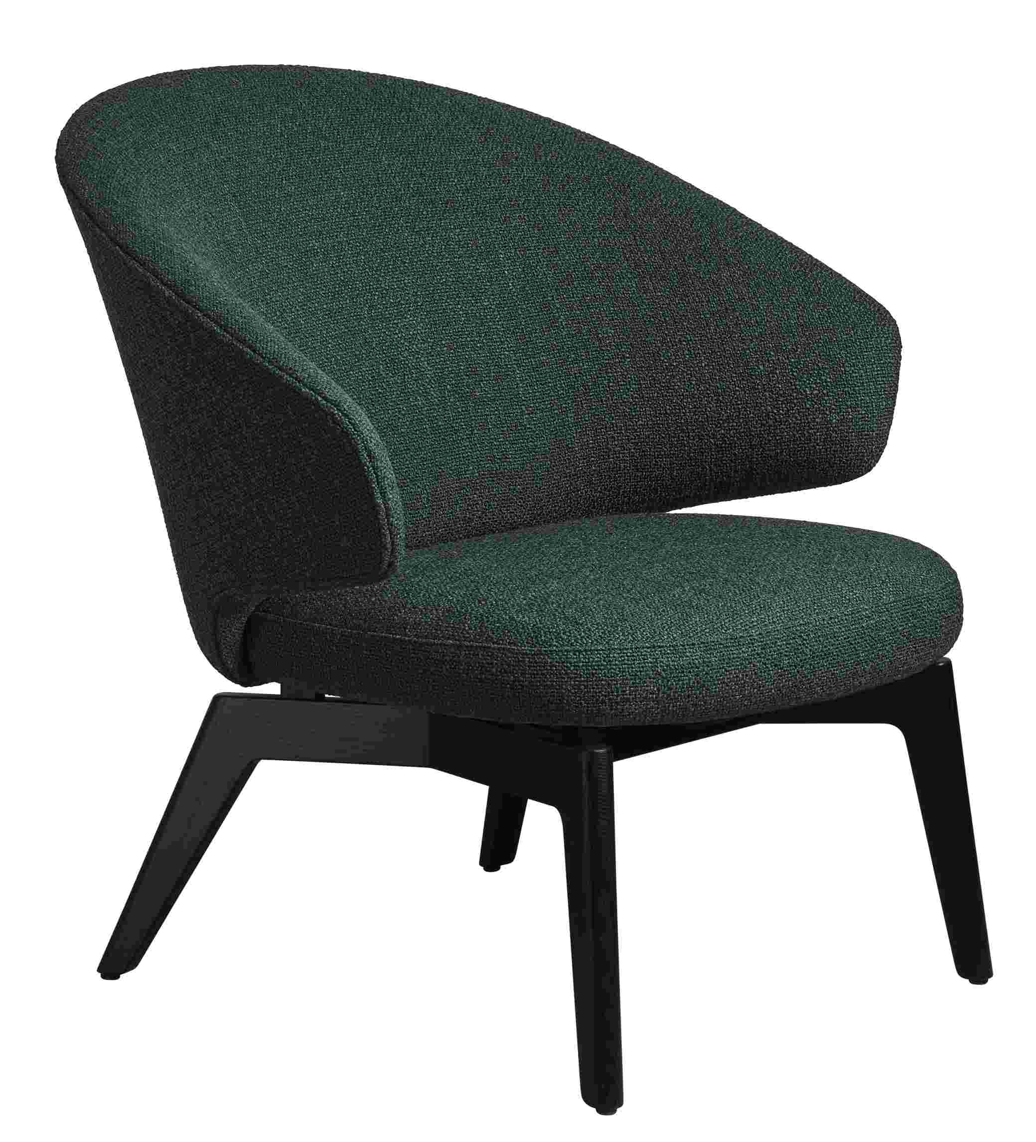 Grüner Sessel von Fritz Hansen mit schwarzem Holzfuß, moderner Lounge Sessel für Wohnzimmer.