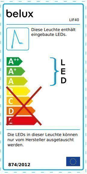 Energielabel der Belux Liftolino LED Tischleuchte: Energieeffizienz A bis A++, fest verbaute LEDs.