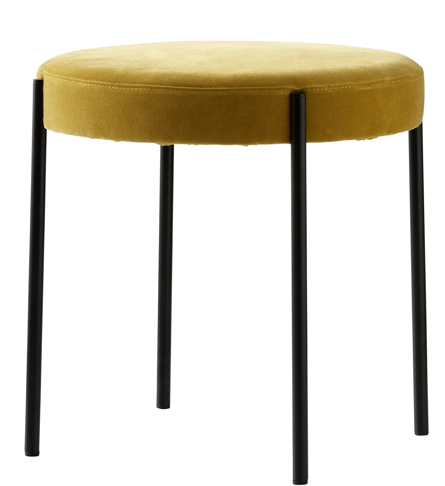 Verpan Series 430 Hocker in Gelb mit schwarzem Metallgestell, runder Sitzfläche und minimalistischem Design.