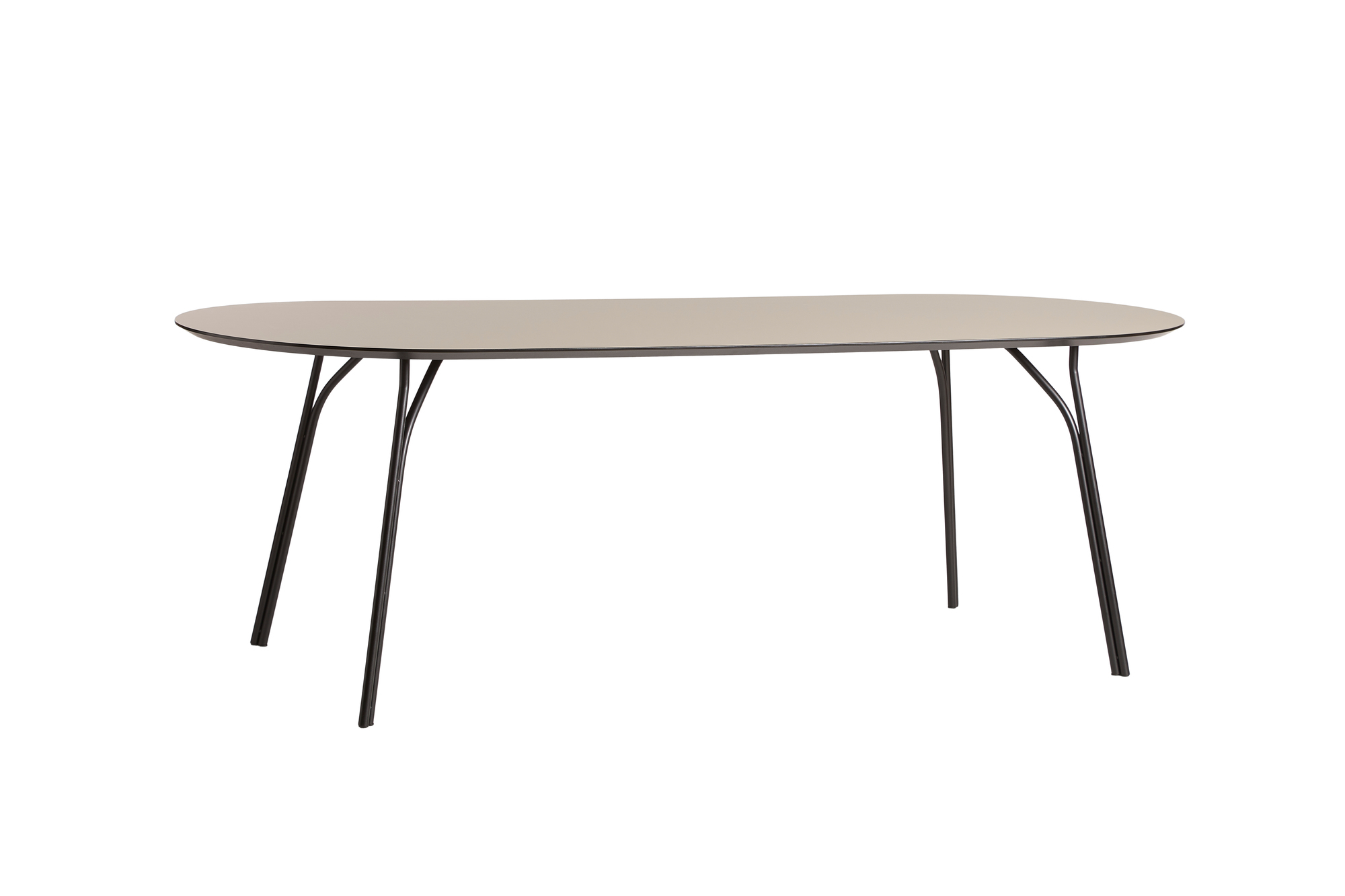 Woud Tree Esstisch 90x220: Moderner Tisch mit ovaler Tischplatte und schwarzen Metallbeinen.