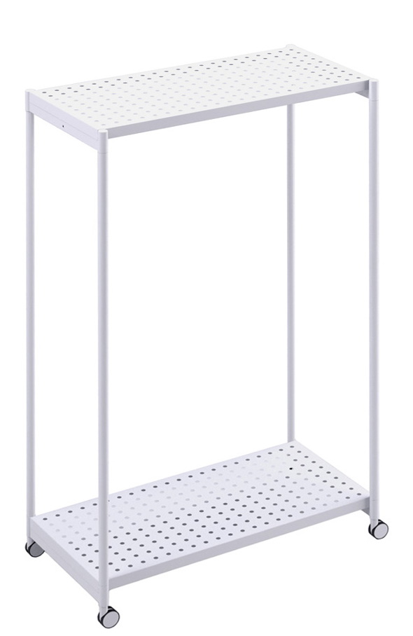 Weißer Rexite Meeting Kleiderständer mit Rollen und zwei Ablageflächen für Büro und Garderobe.